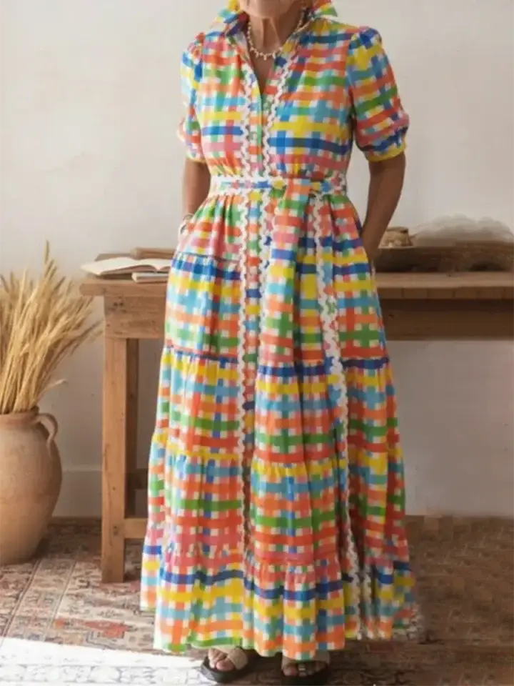 🔥Summer Arrivals🌟Colorful Square Art Print Collared Shirt Dress