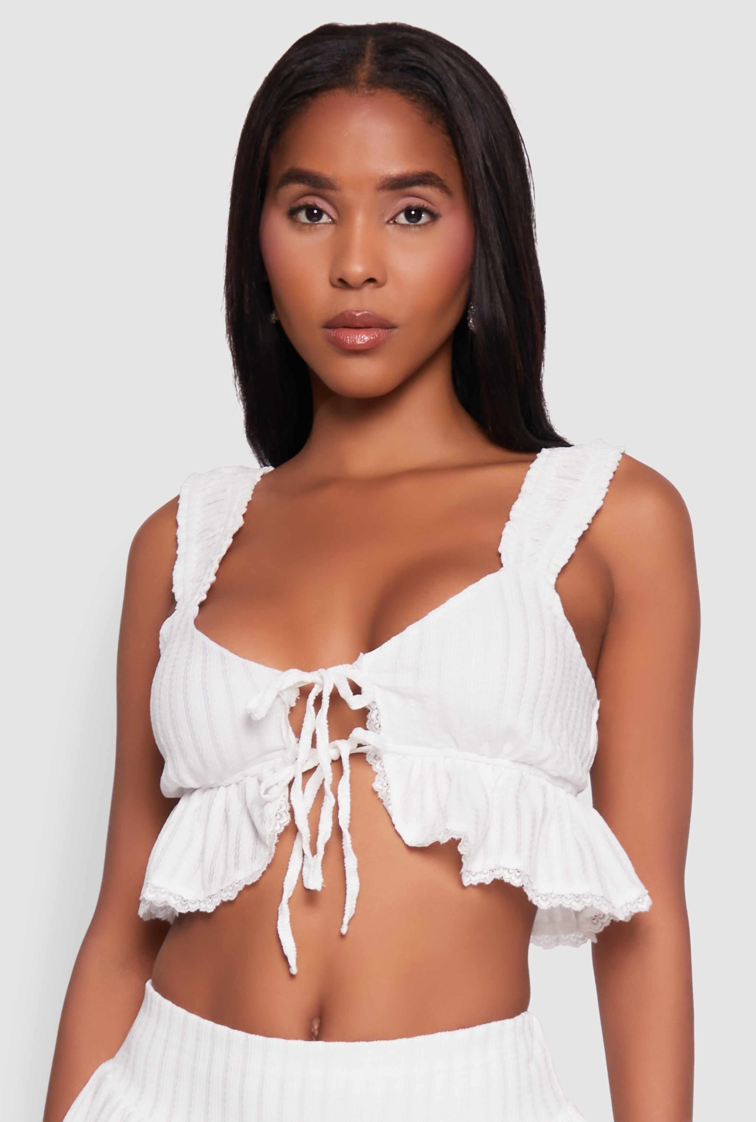 Haute Monde Lace Detail Crop Top with Tie Front