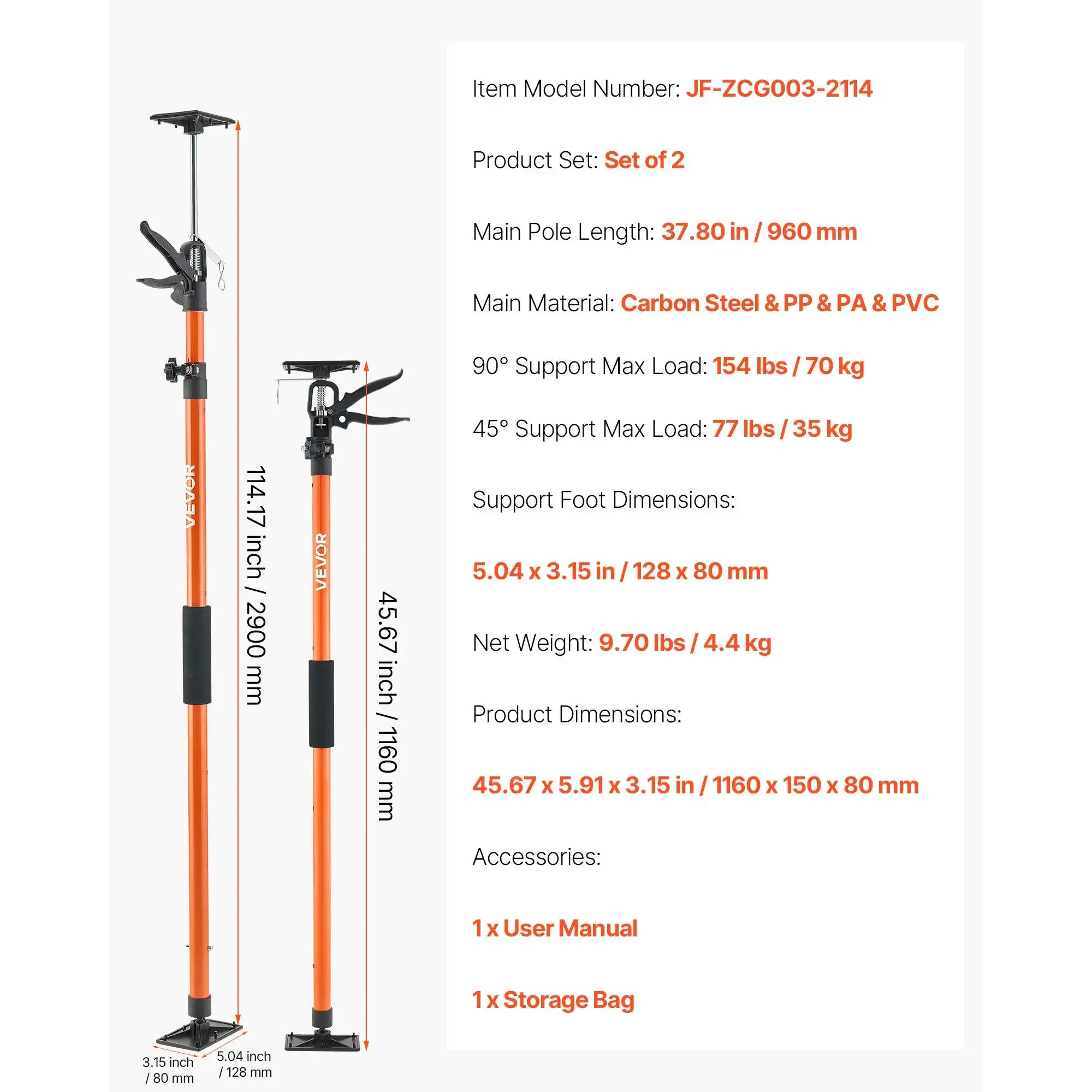 2-Pack Cabinet Jack Support Pole, Steel Telescopic Adjustable 3rd Hand System with Carry Bag, 45.7-114.2 in Adjustable Angle Weight Support Rod, 154 lbs Capacity for Cabinet Installation, Drywall Lifting