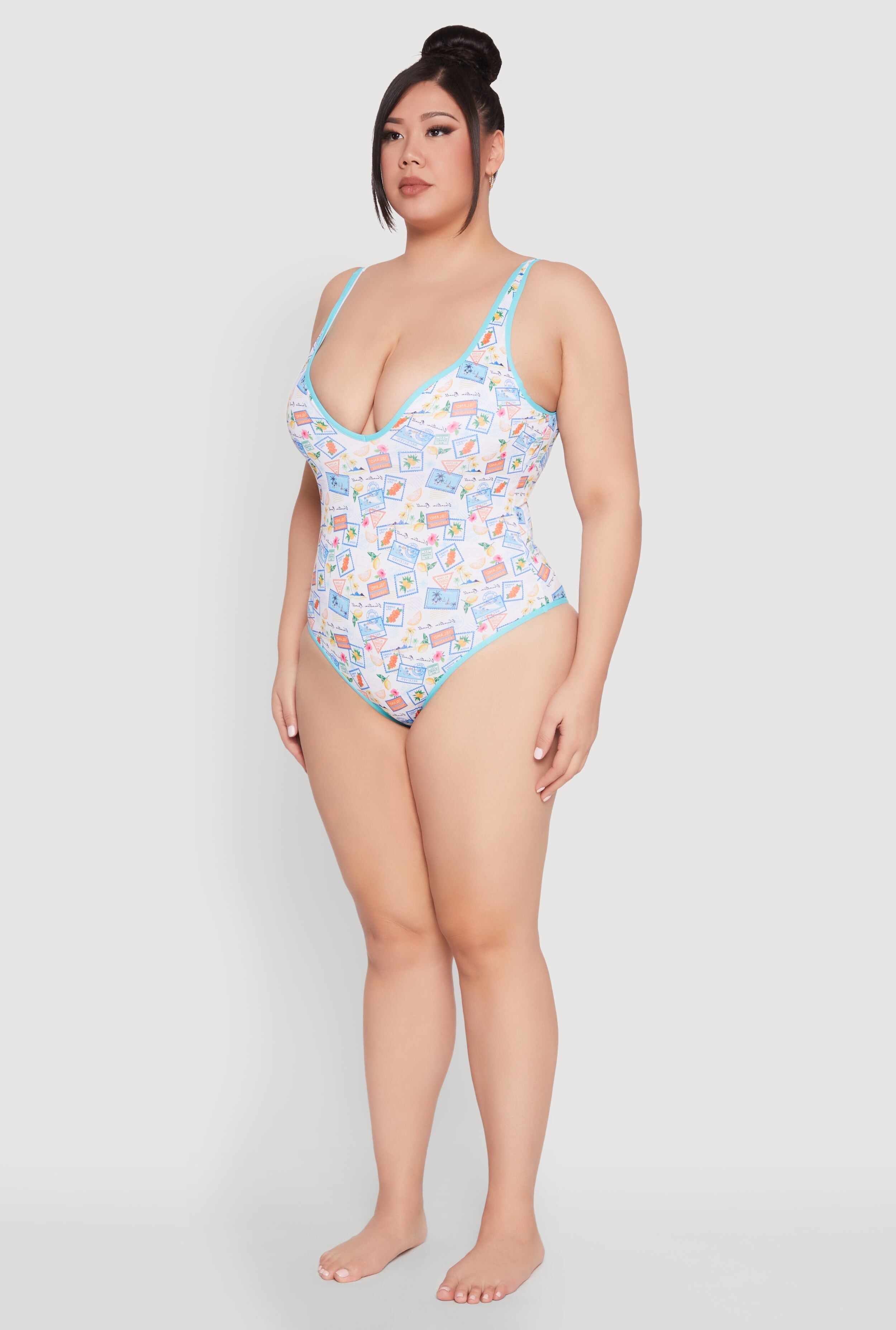 Plus Size Tropical Stamp Print One Piece Swimsuit