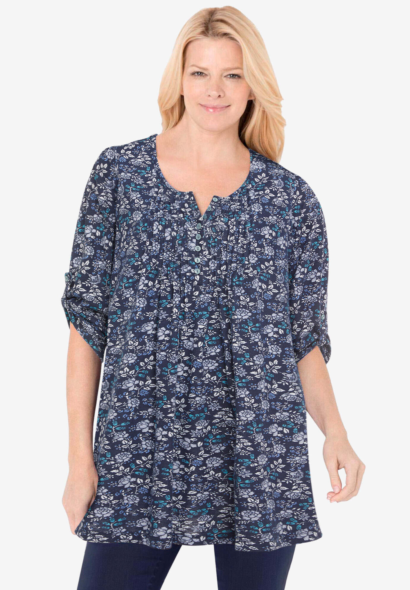 7-Day Three-Quarter Sleeve Pintucked Henley Tunic
