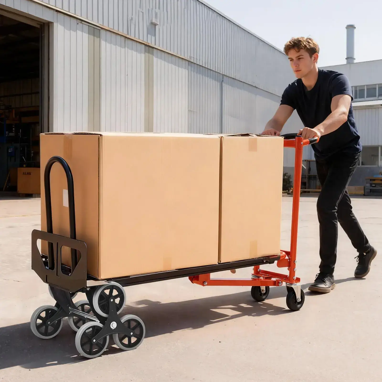 3 in 1 Industrial Convertible Stair Climbing Cart, 770 lbs Max Load, Folding Hand Truck Dolly with Handle & Wheels, Stair Climbing Utility Trolley for Transport & Moving, Orange & Silver