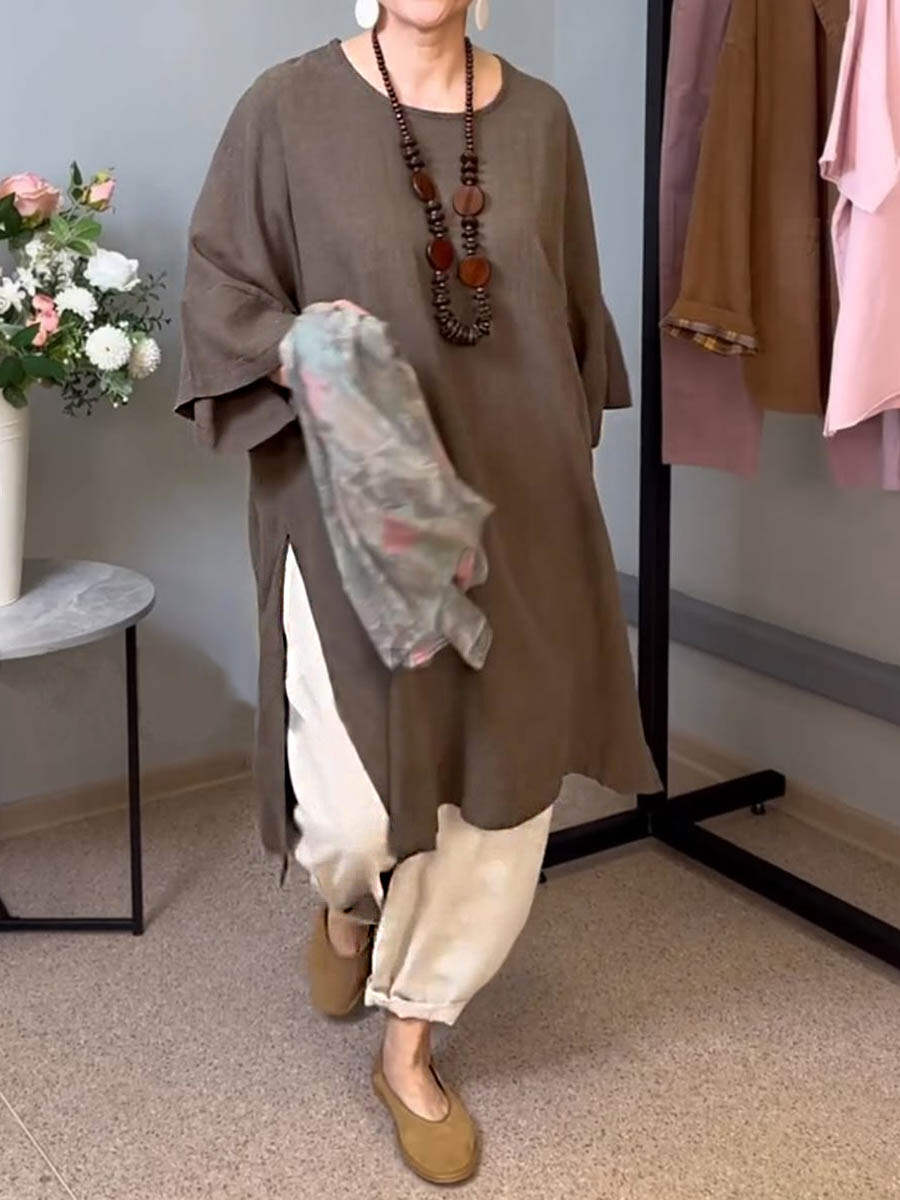 🔥Summer Arrivals🌟Women's Solid Color Round Neck 3/4 Sleeves Casual Linen Slit Long Top