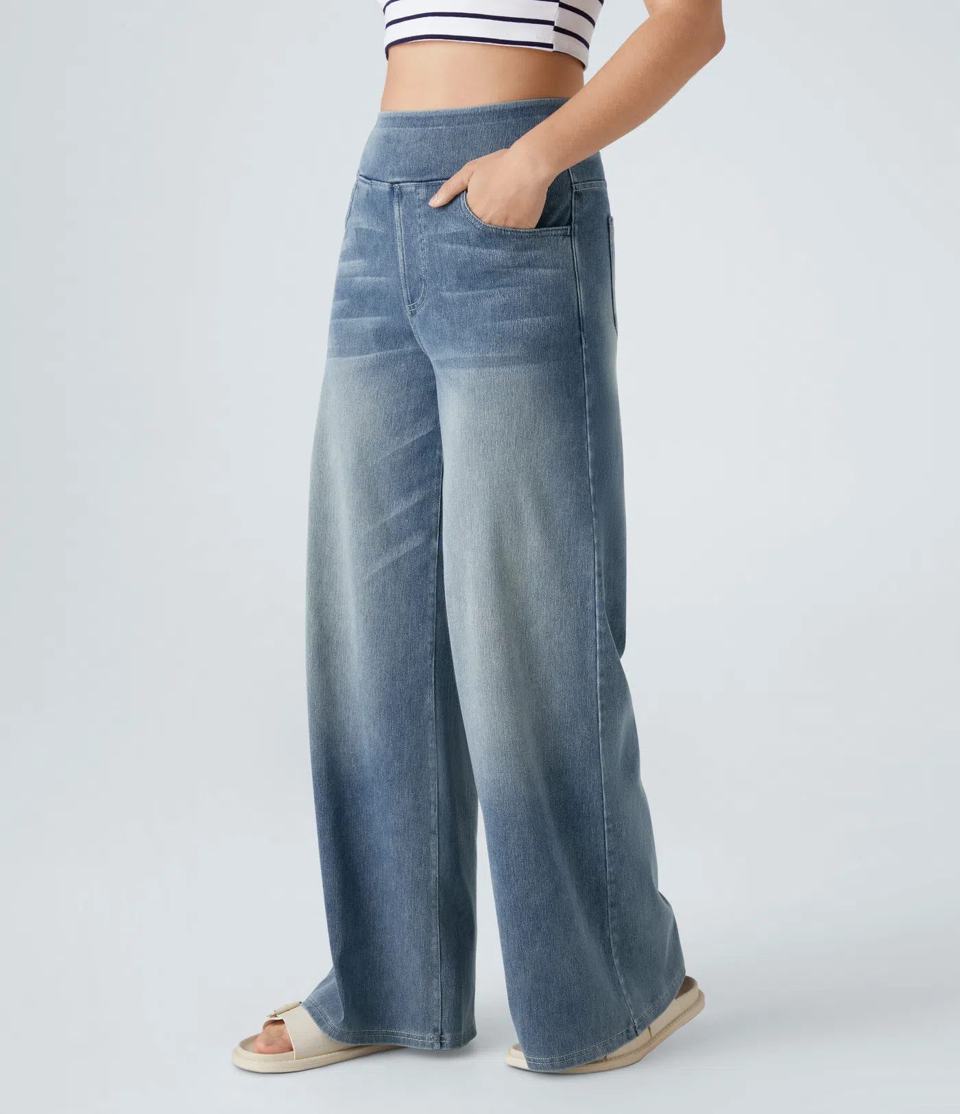 💝Last day promotion⚡High Waisted Multiple Pockets Baggy Wide Leg Washed Stretchy Knit Casual Jeans