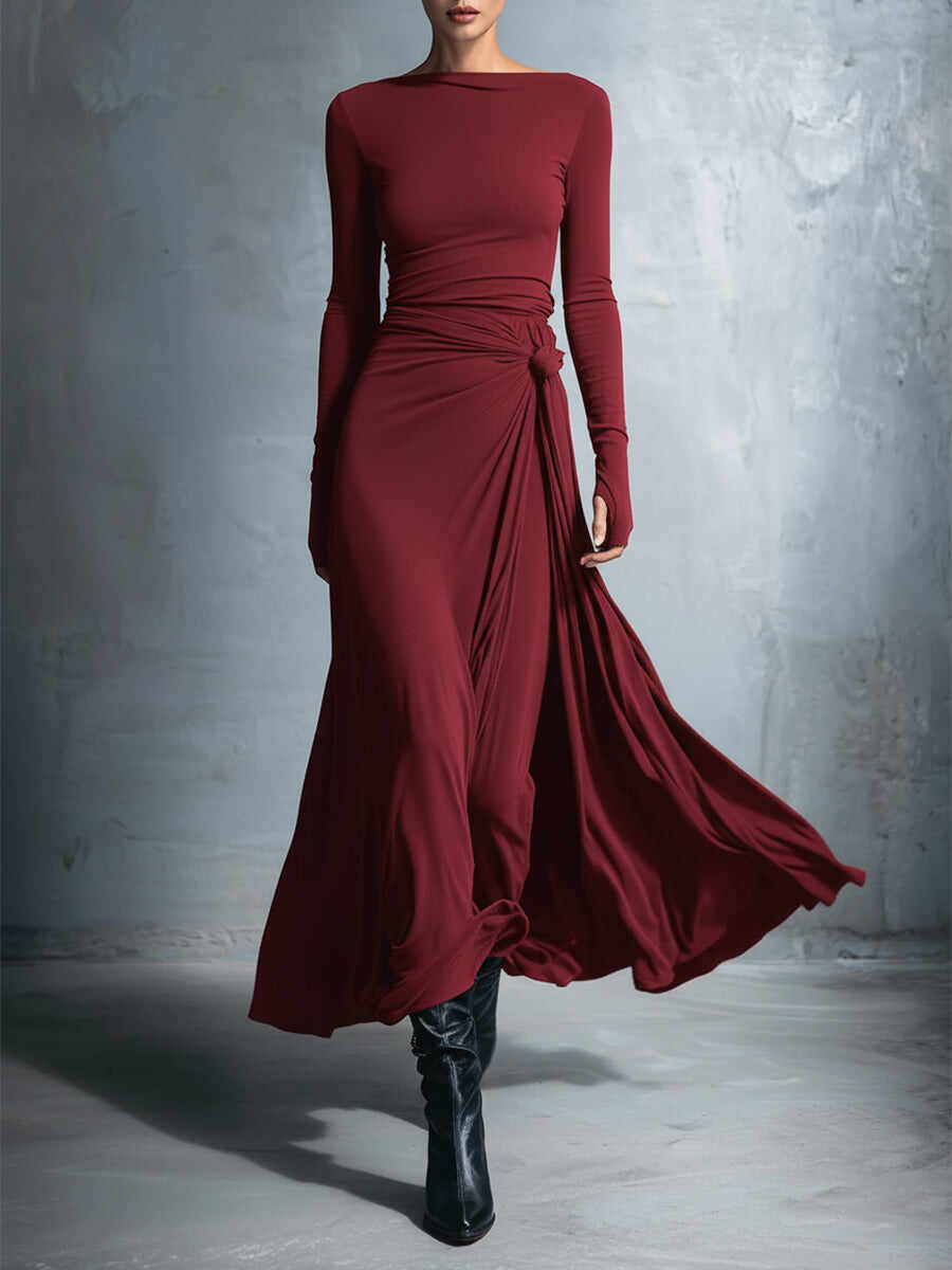 Women's Gray Exquisite Stretch Polyester-Cotton Blend Wrap Dress - Knotted Maxi Dress