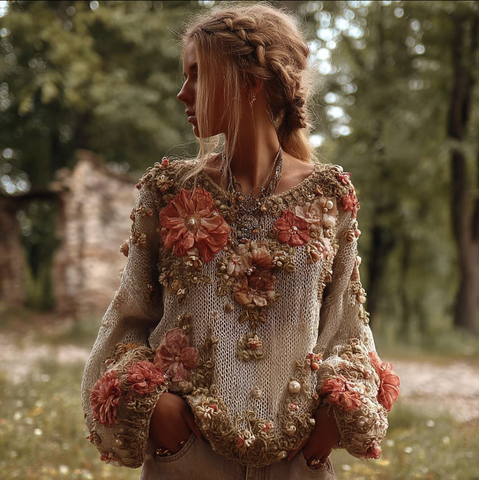 Bohemian Style Three-dimensional Flower Knitted Pattern Women's V-neck Long-sleeve Knitted Sweater