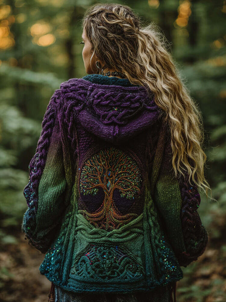 Women's Vintage Viking Tree Of Life Gradient Knit Zipper Cardigan Sweater