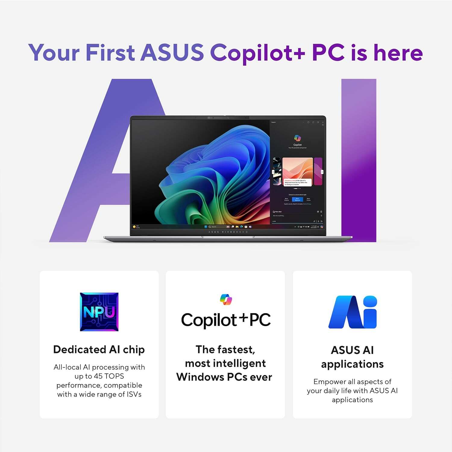 ASUS Vivobook S 15 laptop; Copilot+ PC, 15.6” 3K 120Hz OLED Display, Qualcomm Snapdragon X Elite X1E-78-100 12-Core Processor, 16GB RAM, 1TB SSD, Windows 11 Home, Cool Silver, S5507QAD-PS96