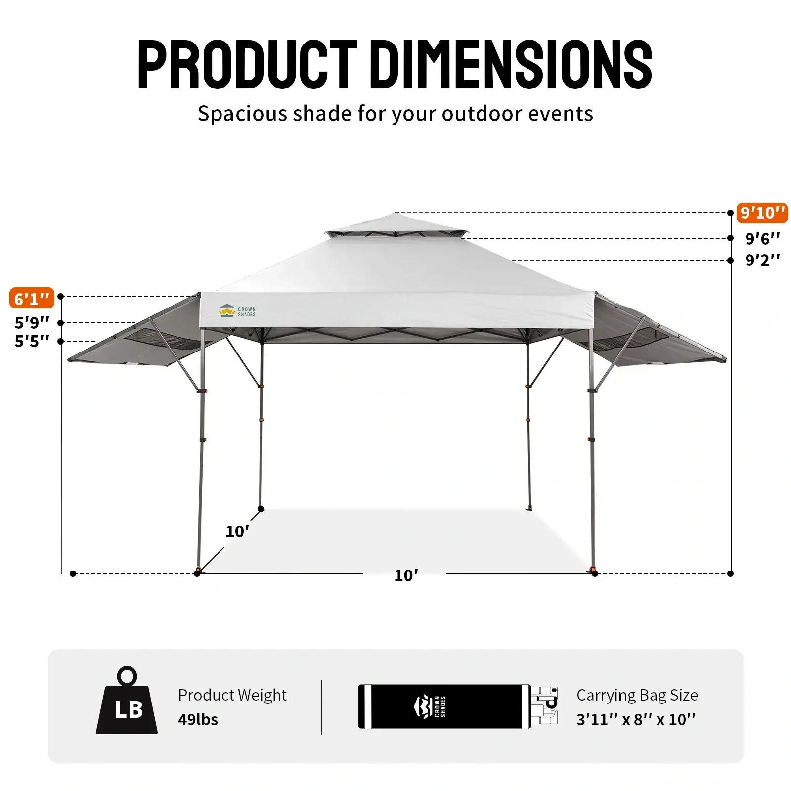 10x10 Pop Up Canopy Tent with Patented Center Lock, Instant Commercial Canopy with Extendable Awning, 150D Silver Coated Fabric, 4 Weight Bags, Ropes, Stakes & STO ’N Go Wheeled Bag