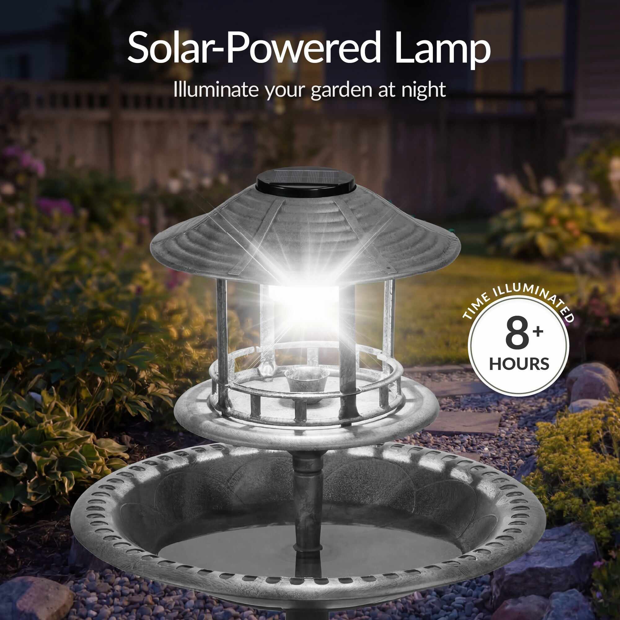 Solar Lighted Outdoor Pedestal Bird Bath w/ Planter, Decorative Bird Cage