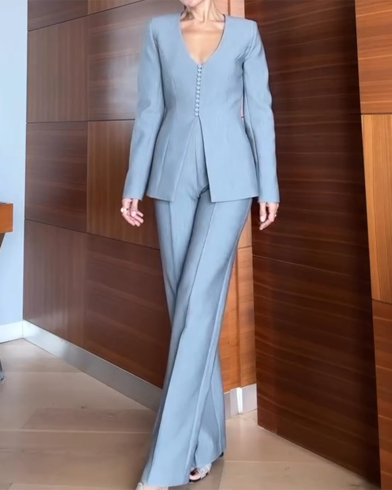 V-neck Button-up Top and Pants Two-piece Set