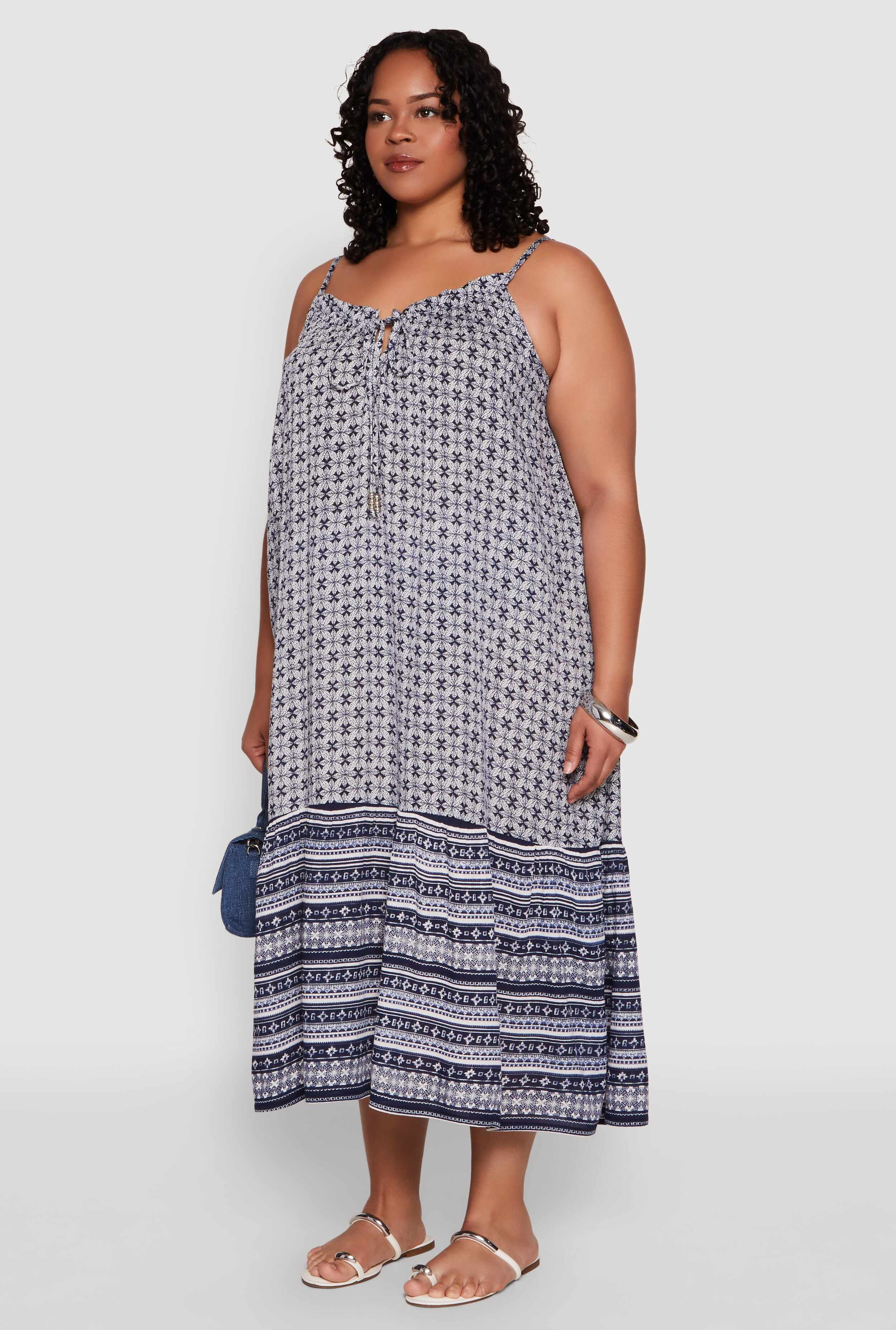 Plus Size Border Print Keyhole Maxi Dress