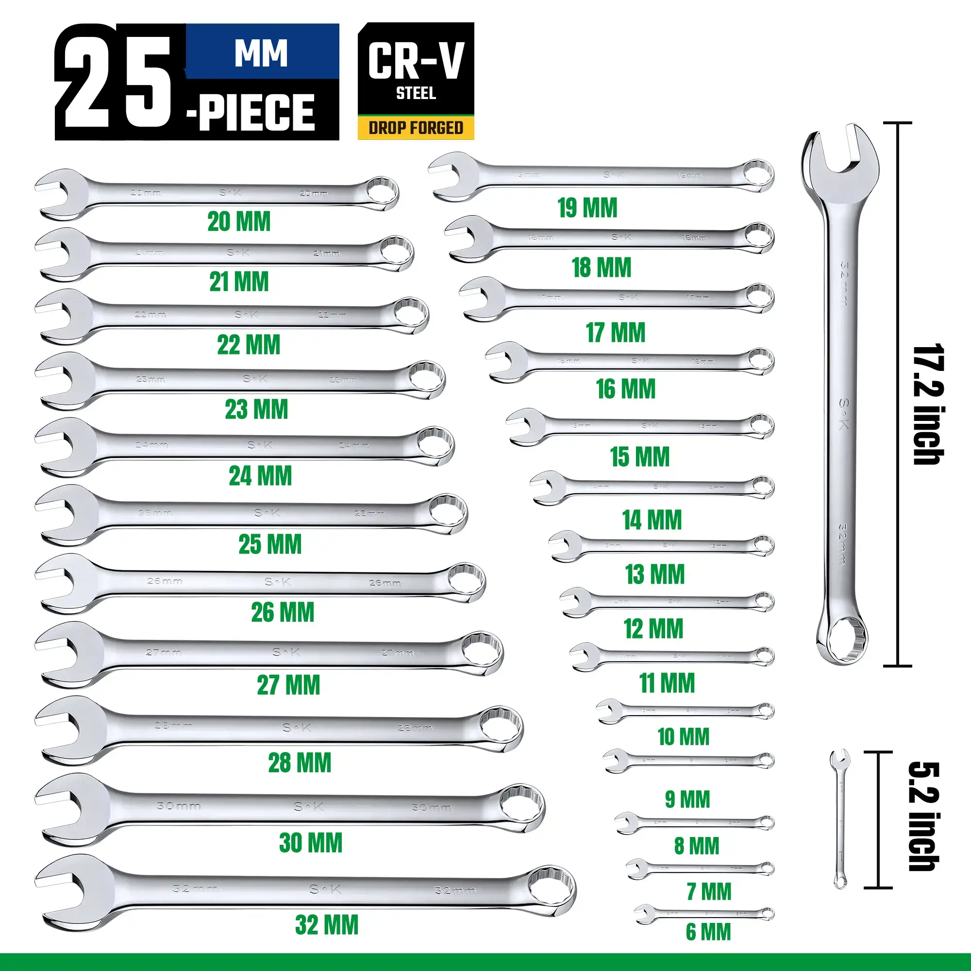SK Combination Wrench Set, SAE & Metric, Finish, Premium CR-V Construction, with Rolling Pouch