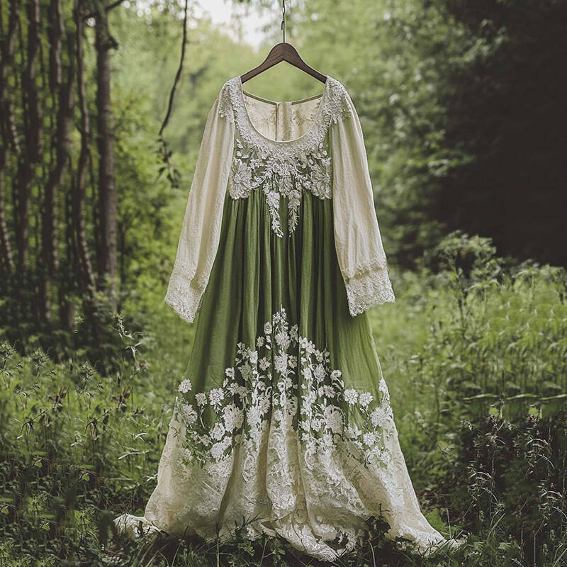 Vintage Floral Embroidered Pattern Linen Contrast Color Maxi Dress