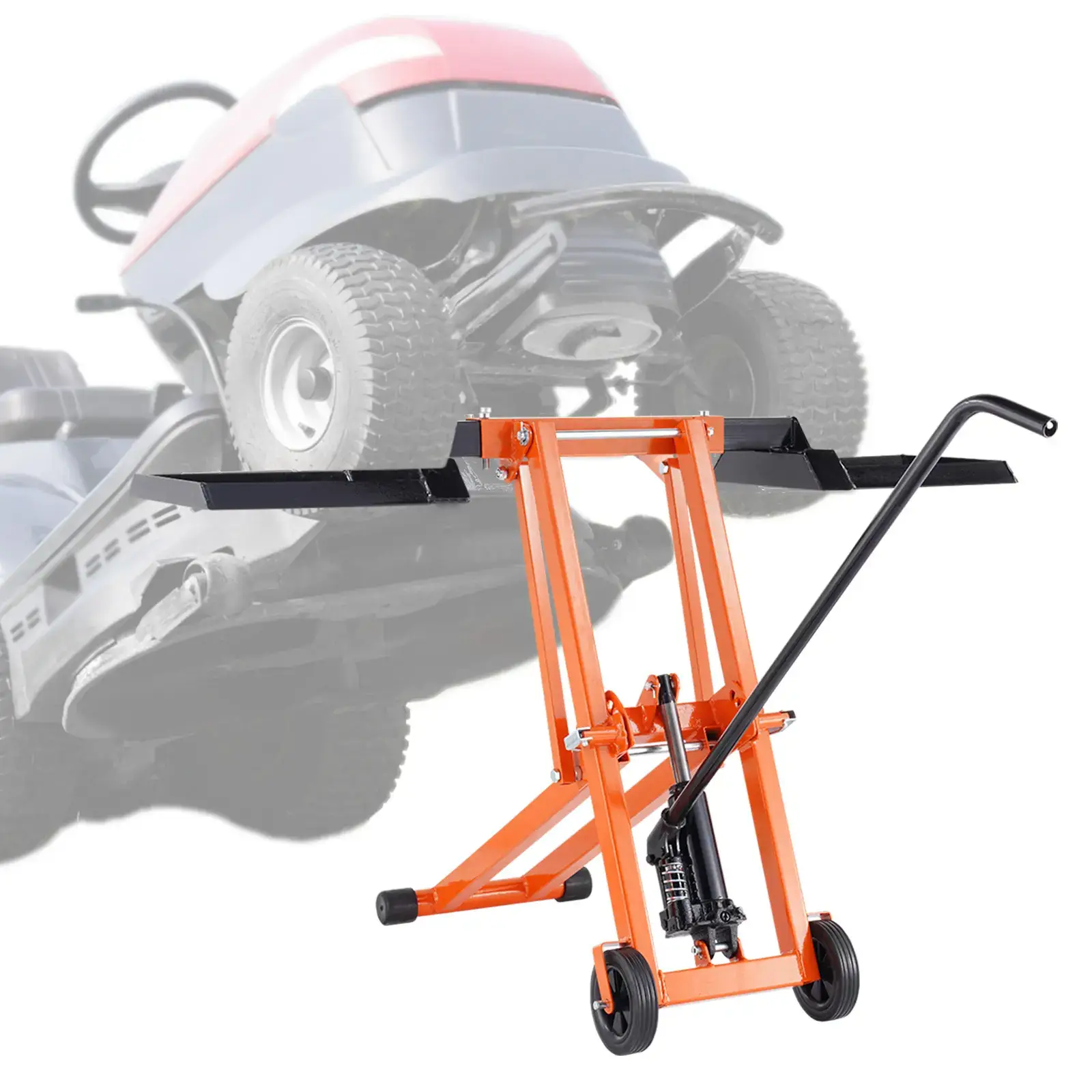 Lawn Mower Lift with Hydraulic Jack,  500 Lbs Weight Capacity, Solid Carbon Steel Lawn Mower Lift, Adjustable Movable Lawn Lifter for Riding Tractors and Zero Turn Lawn Mowers, Orange