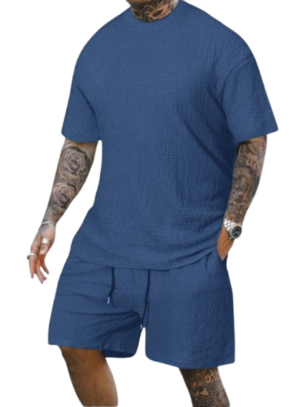 8 Pack-Men's Solid Textured Round Neck Tee & Drawstring Waist Shorts