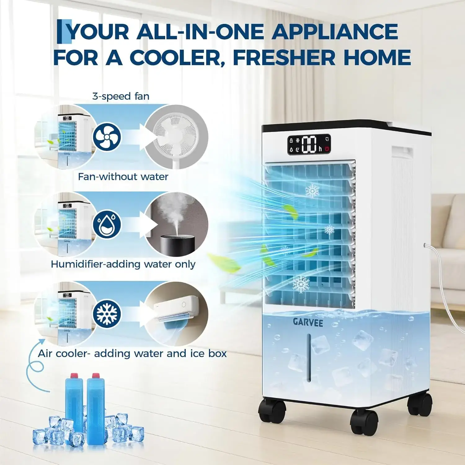 Portable Evaporative Air Cooler and Fan, 7L Capacity with Touch Display and Remote Control, Features 3 Speeds, 3 Modes, LED Display for Efficient Cooling