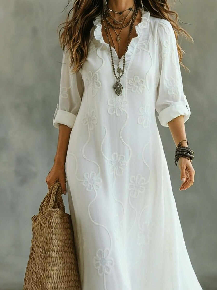 Casual Lace Embroidered Linen Maxi Dress