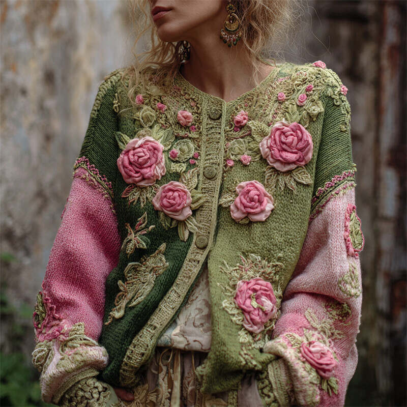 Pink Roses Crochet Embroidered Forest Contrast Patchwork Cozy Cardigan