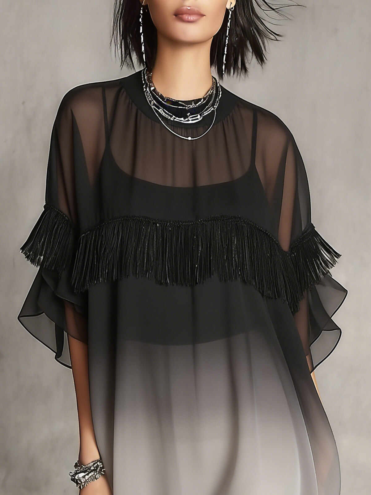 Black Ombre Sheer Fringe Detail Floaty Mini Dress
