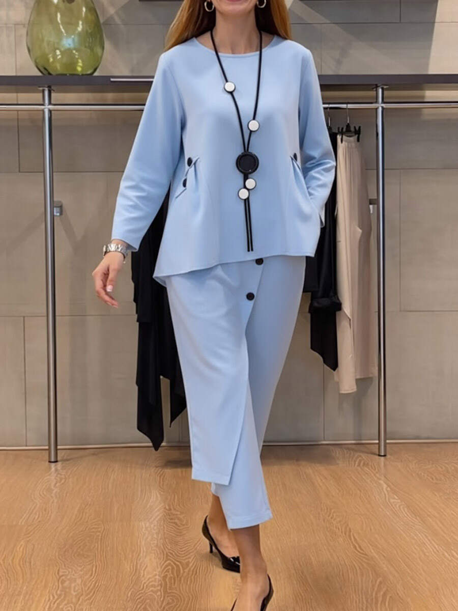 🔥Summer Arrivals🌟Women's Solid Color Round Neck Long Sleeve Casual Loose Top And High Waist Casual Loose Wide Leg Pants Cotton Set