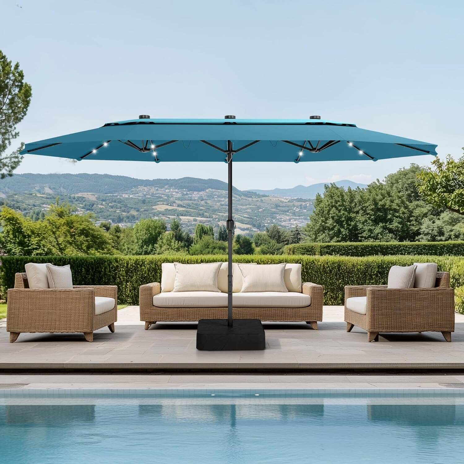 15ft Double-Sided Rectangular Patio Umbrella with Solar LED Lights & Base