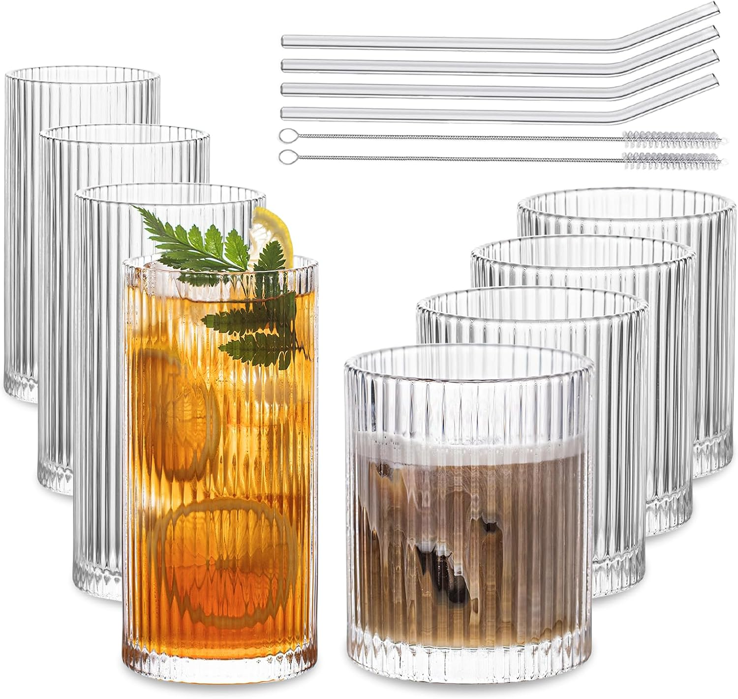 INSETLAN 8-piece vintage glassware set - 4 tall wine glasses 12 ounces (approximately 340.2 grams), 4 rock glass 14 ounces (approximately 396.9 grams), ribbed glass cocktail glasses, perfect for wine, juice, water, iced coffee, whisky, and mixed drinks.