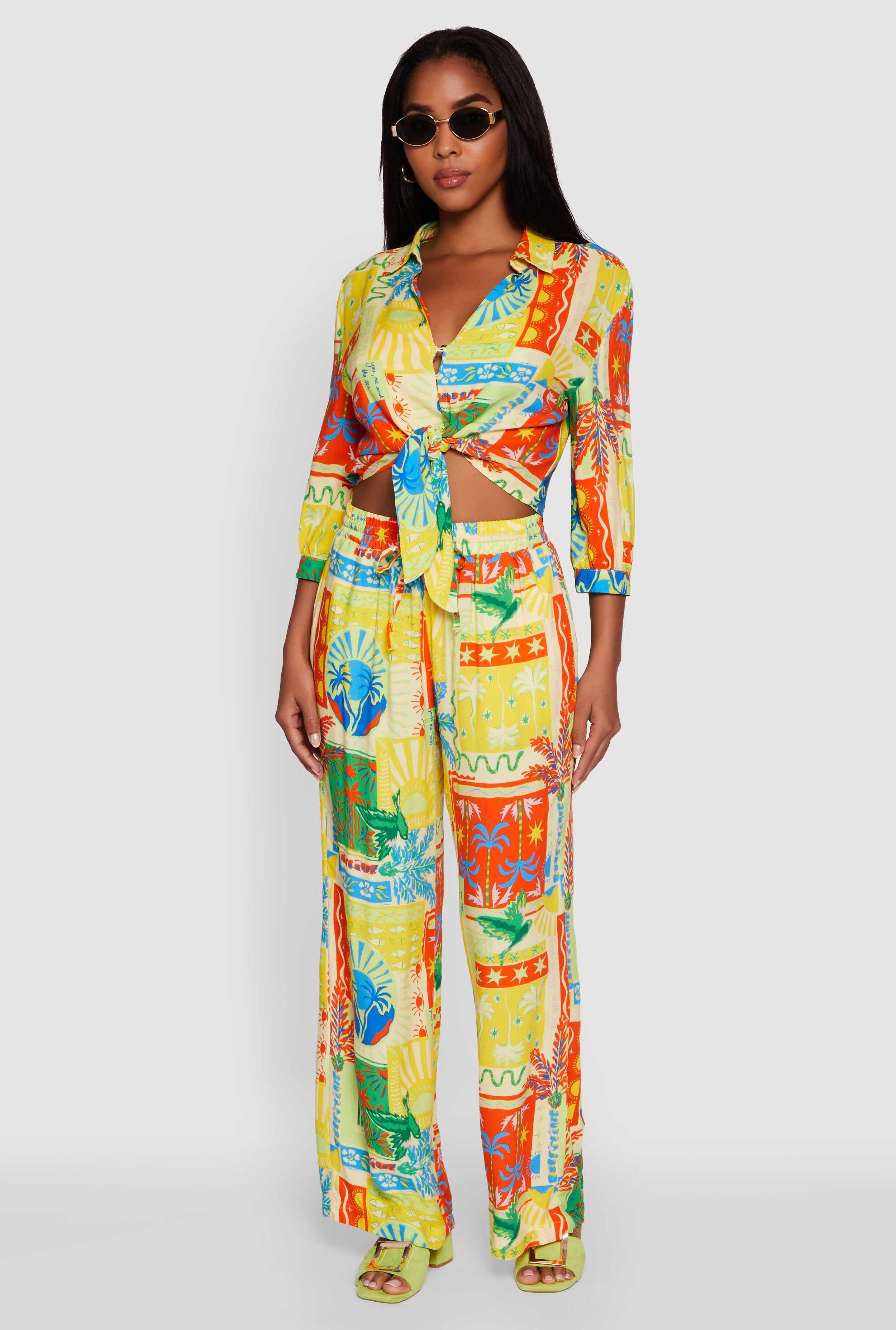 Printed Pattern Tie Front Crop Button Front Blouse