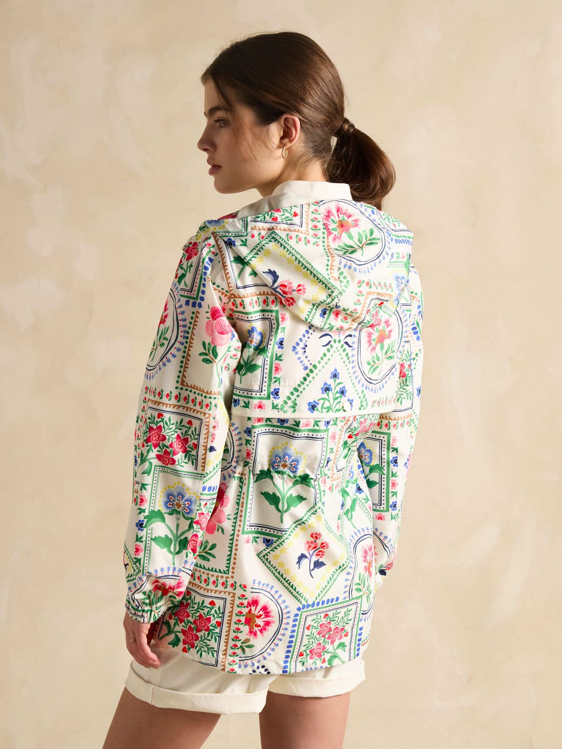 Holt Cream Tile Print Waterproof Packable Raincoat with Hood