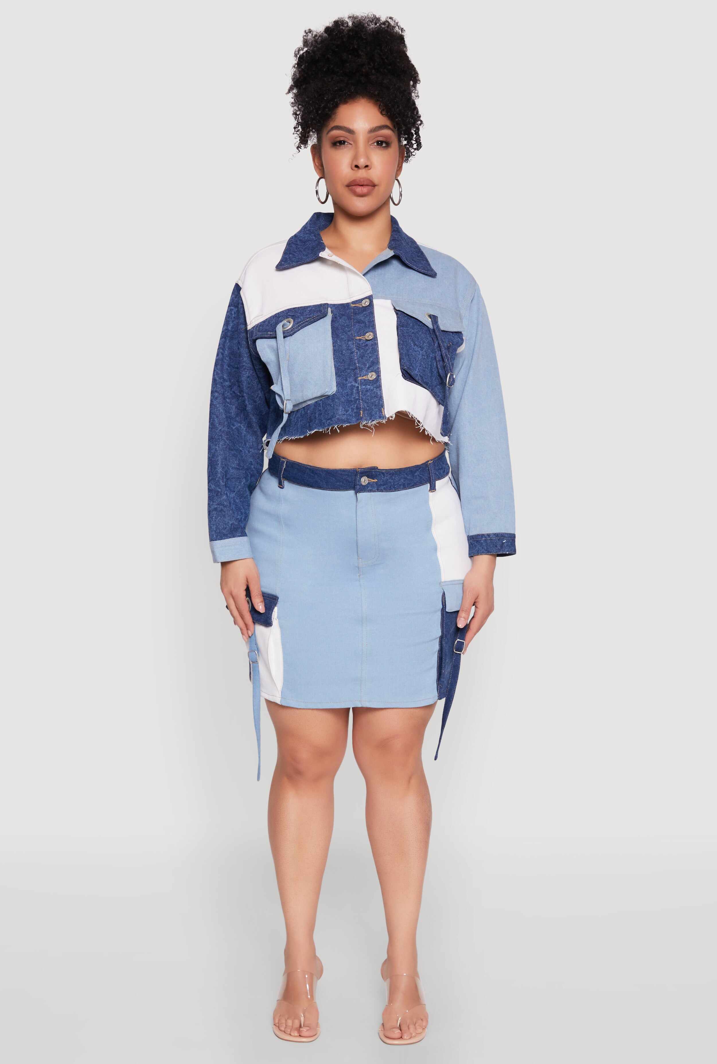 Plus Size Color Block Denim Skirt