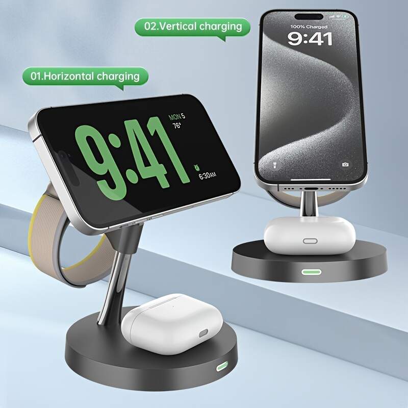 [Qi Wireless Charger] Qi 15W Magnetic 3 In 1 Wireless Charger Stand | Fast Charging Dock Station For iPhone 15 14 13 12, iWatch 9 8 7, Phone S24 S23 S22 And Galaxy Watch 6 5 With 3 Level Night Light