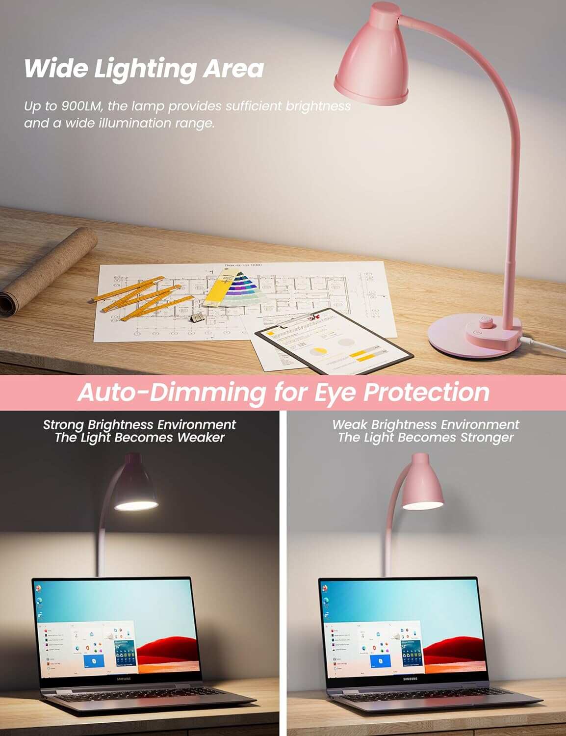 BOHON LED Desk Lamp with USB Charging Port 3 Color Modes Dimmable Reading Light Intelligent Induction Auto Dimming Task Lamp Flexible Gooseneck Table Lamp for Bedside Office, AC Adapter Include