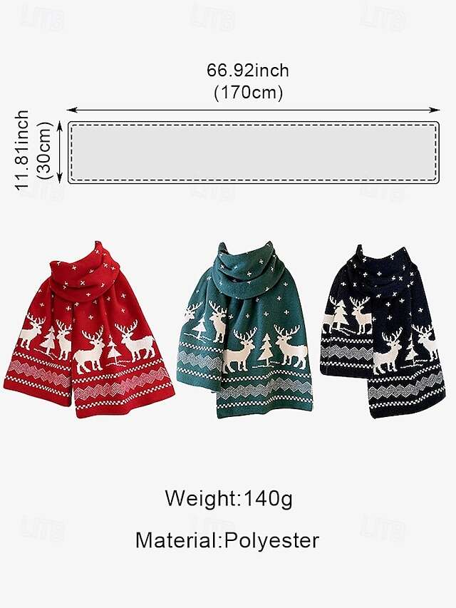 Women's Christmas Reindeer and Tree Print Knitted Scarf in Red and White, Cozy Winter Accessory for Holiday Celebrations