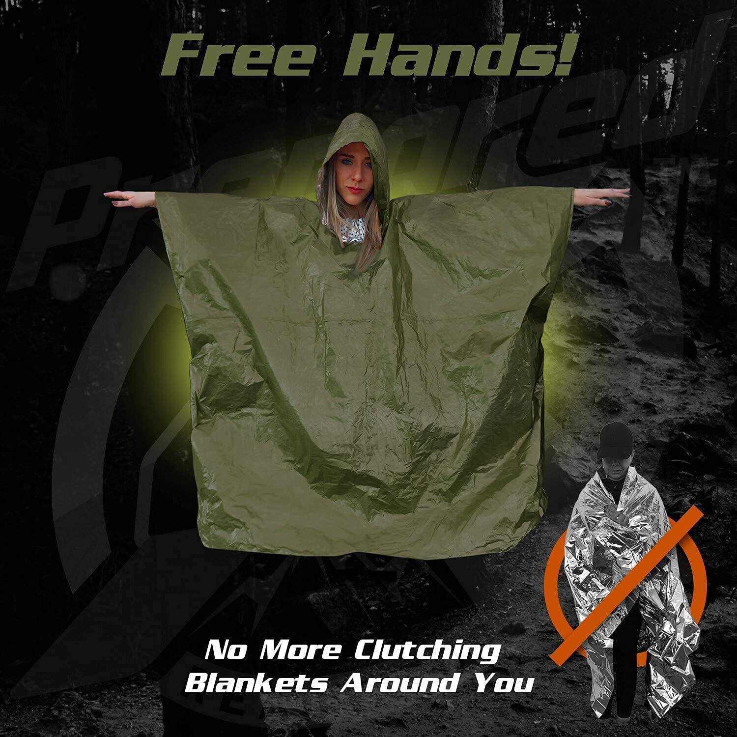 PREPARED4X Emergency Rain Poncho with Mylar Blanket Liner - Survival Blankets for Car - Heavy Duty, Waterproof Camping Gear, Tactical Prepper Supplies