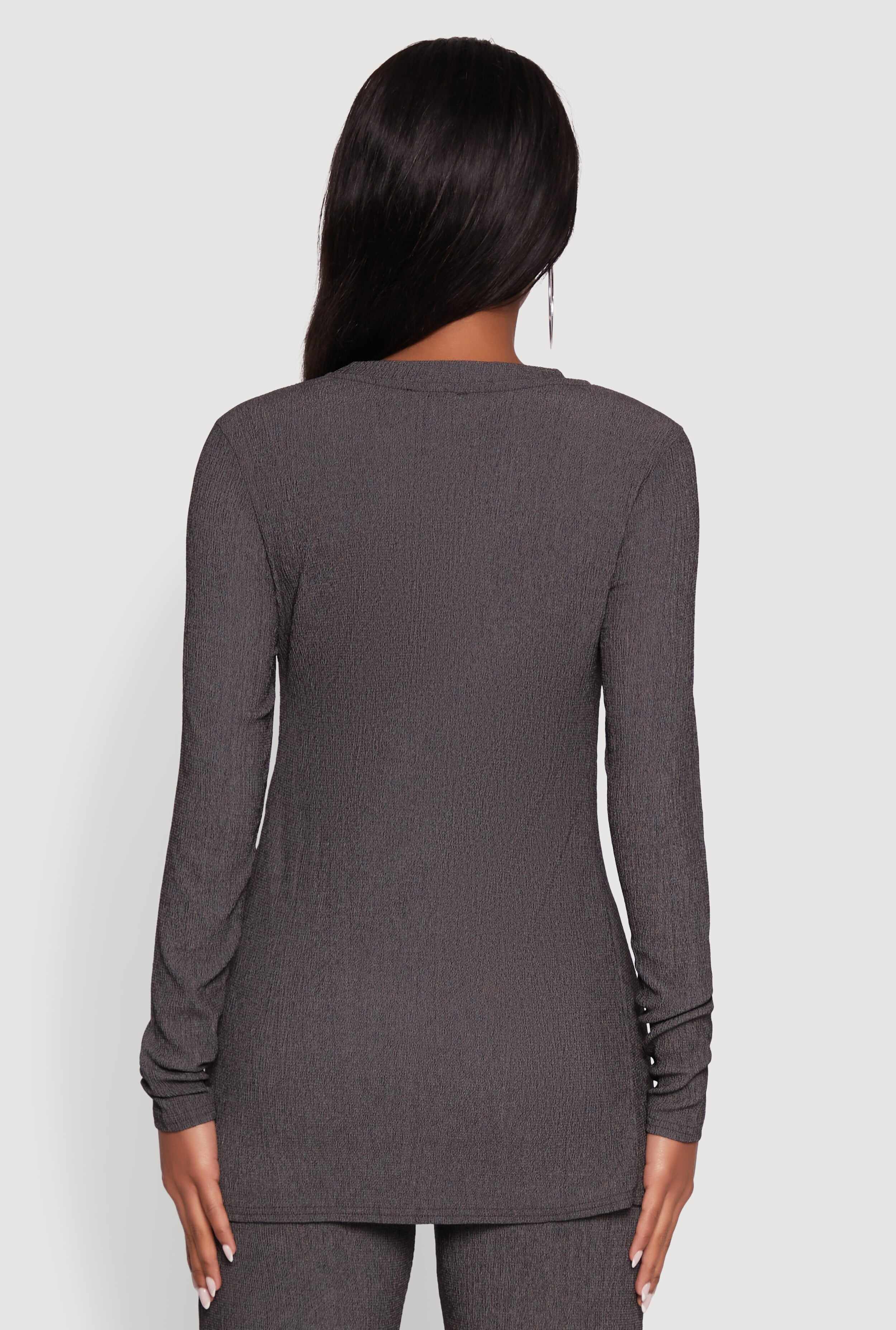 Seersucker Crew Neck Side Slit Long Sleeve Top