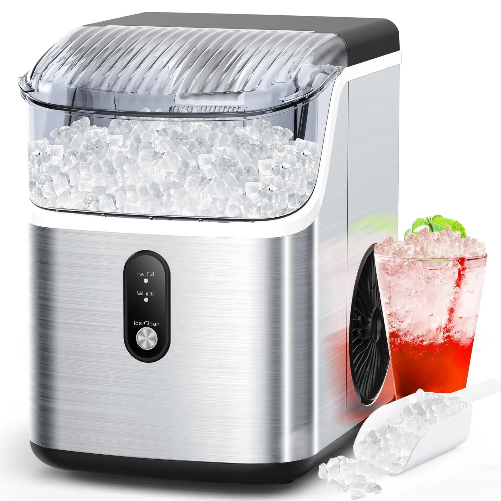 Nugget Ice Maker Countertop, Soft Chewable Nugget Ice Cubes Machine, One-Button Quick Ice Making 34Lbs/Day, Self-Cleaning, Portable Stainless Steel Ice Machine