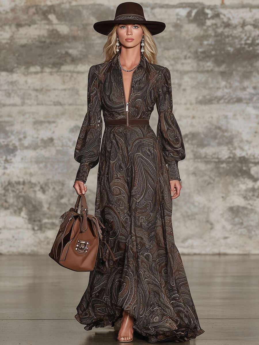 Fashion Retro Paisley Pattern Zipper Maxi Dress