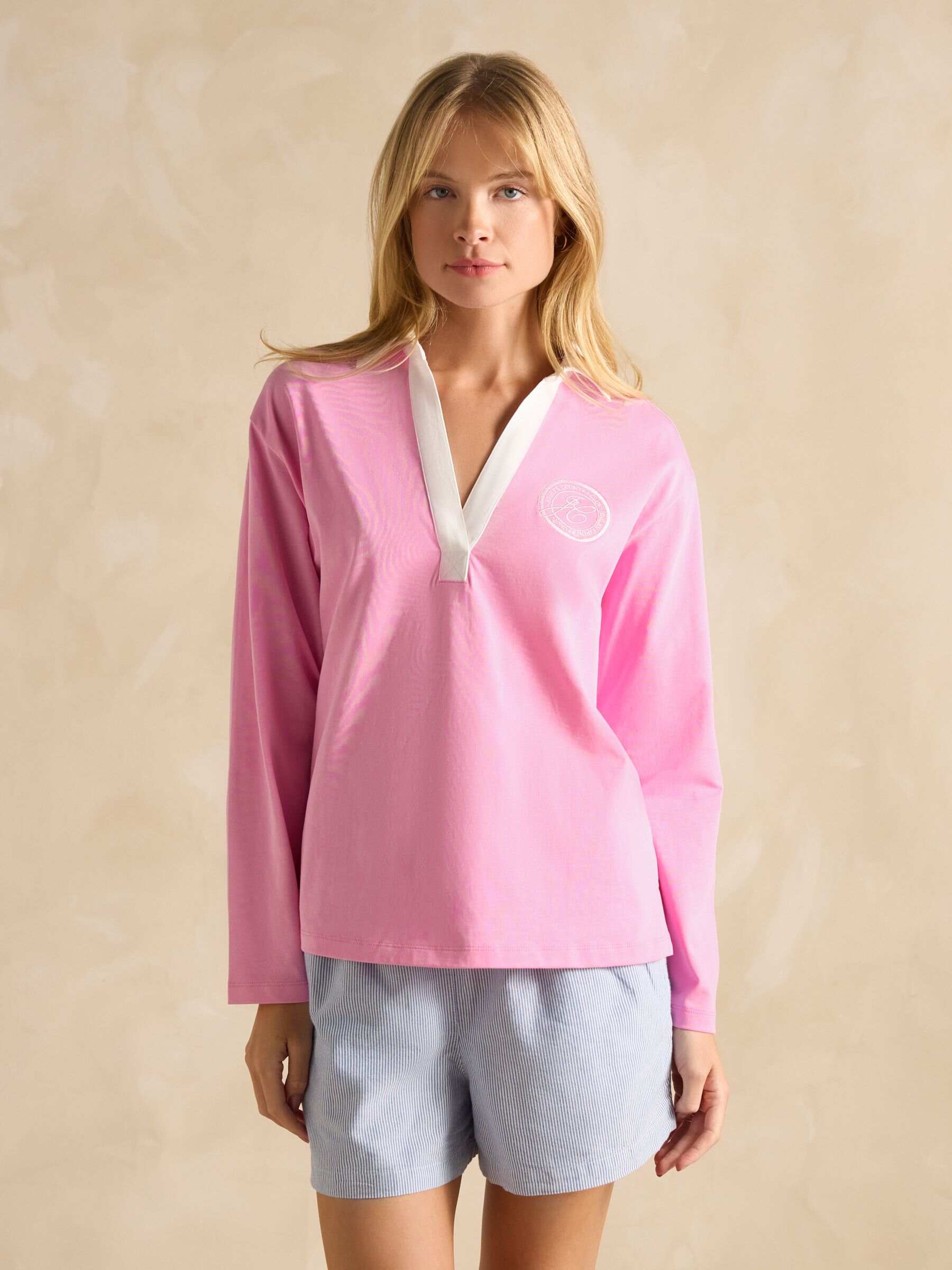 Tallie Pink Long Sleeve Combed Cotton Collared Top
