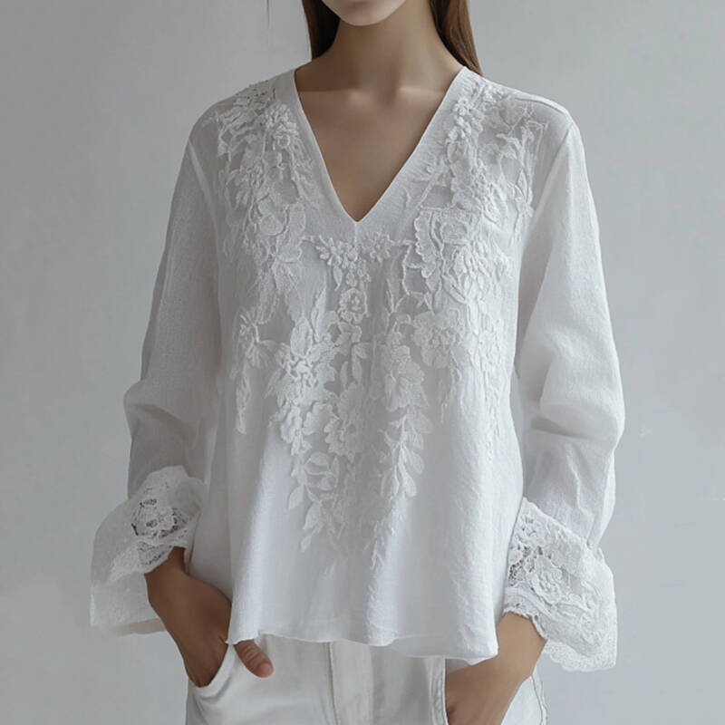 Vintage Floral Lace Embroidered V Neck Comfy Tunic
