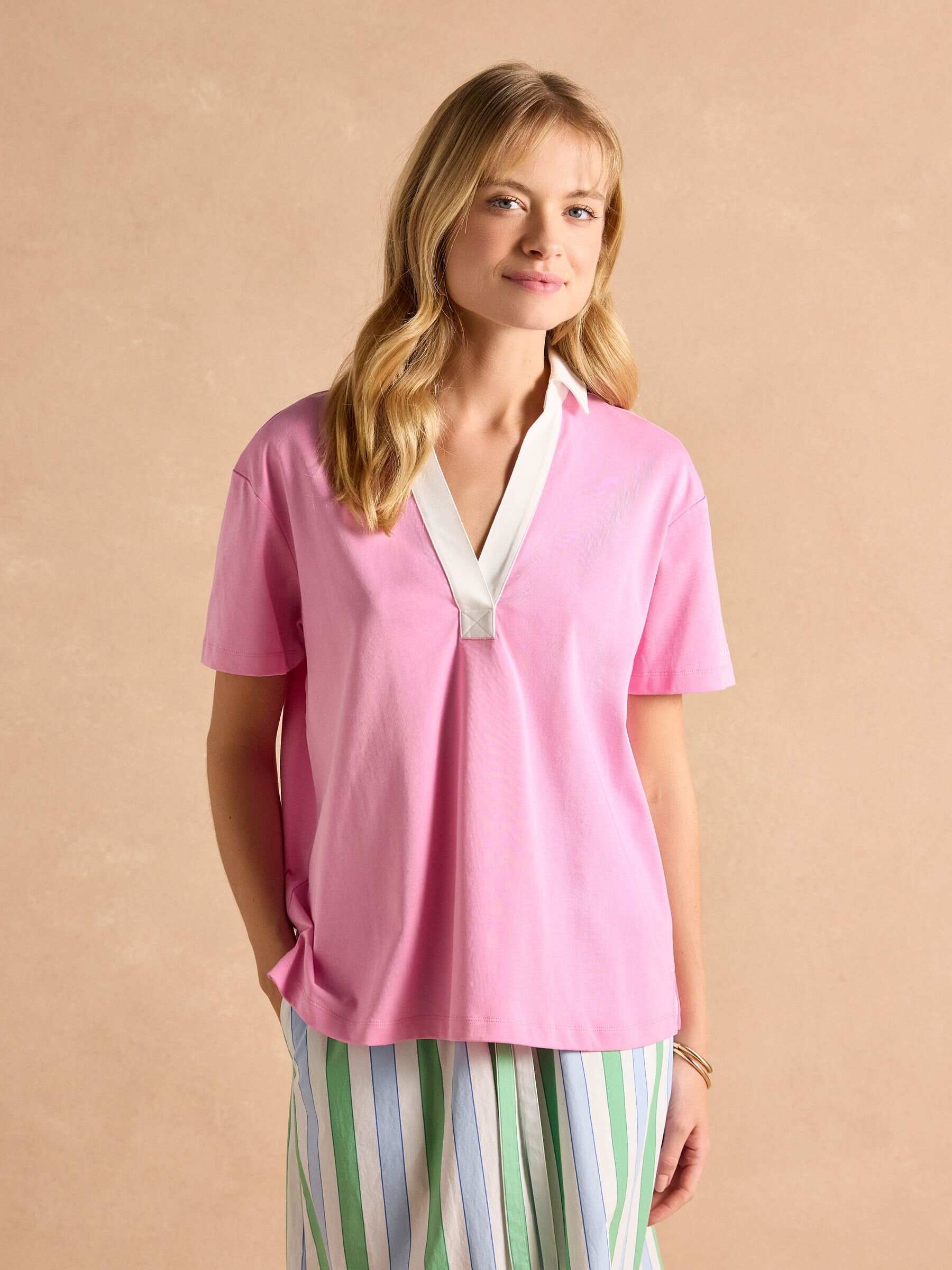 Tallie Pink/White Short Sleeve Combed 100% Cotton Collared Top