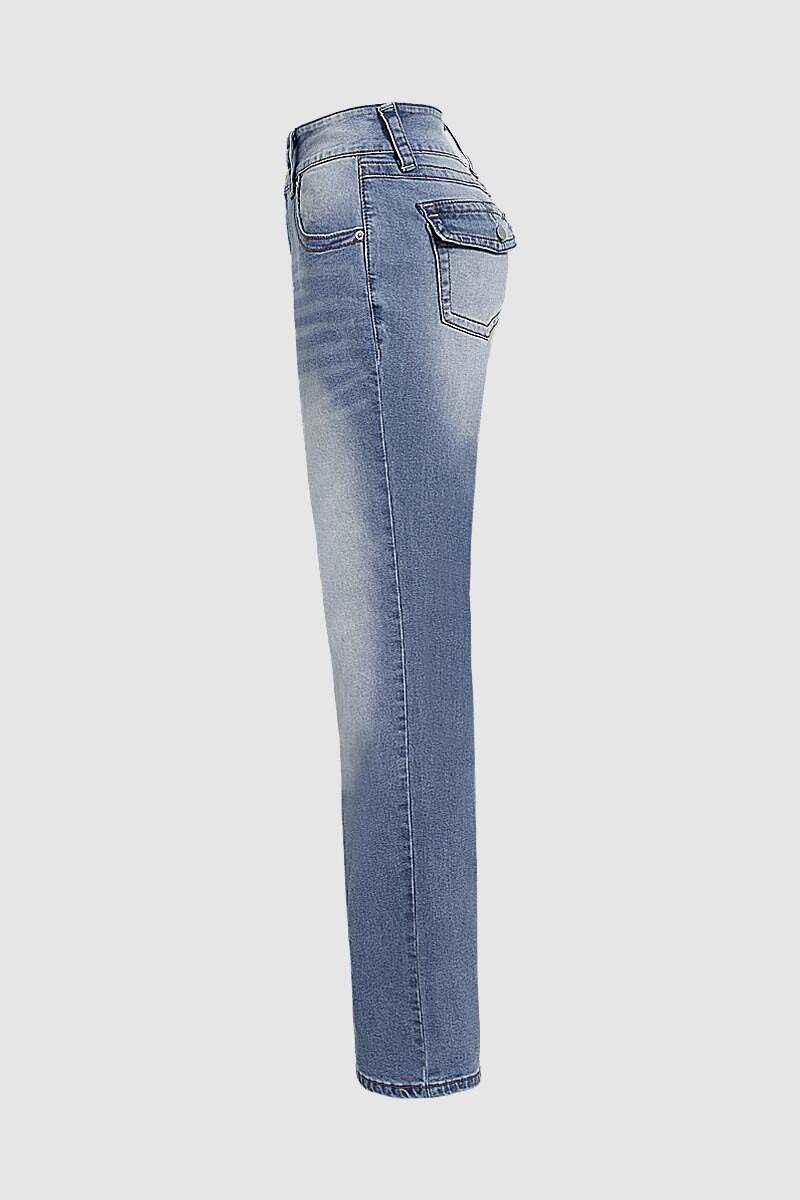 Wash Double Button Flap Pocket Mid Waist Straight Leg Jeans