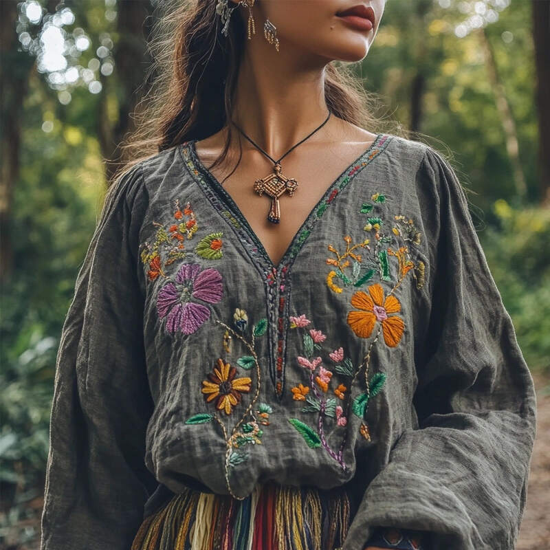 Vintage Boho Floral Embroidered Linen Blend Tunic