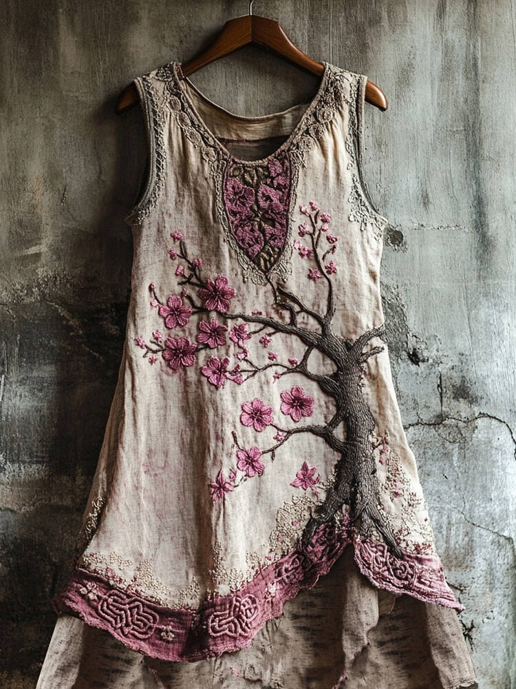 Women's Cherry Blossom Embroidery Lace Patchwork Art Linen Tank Dress