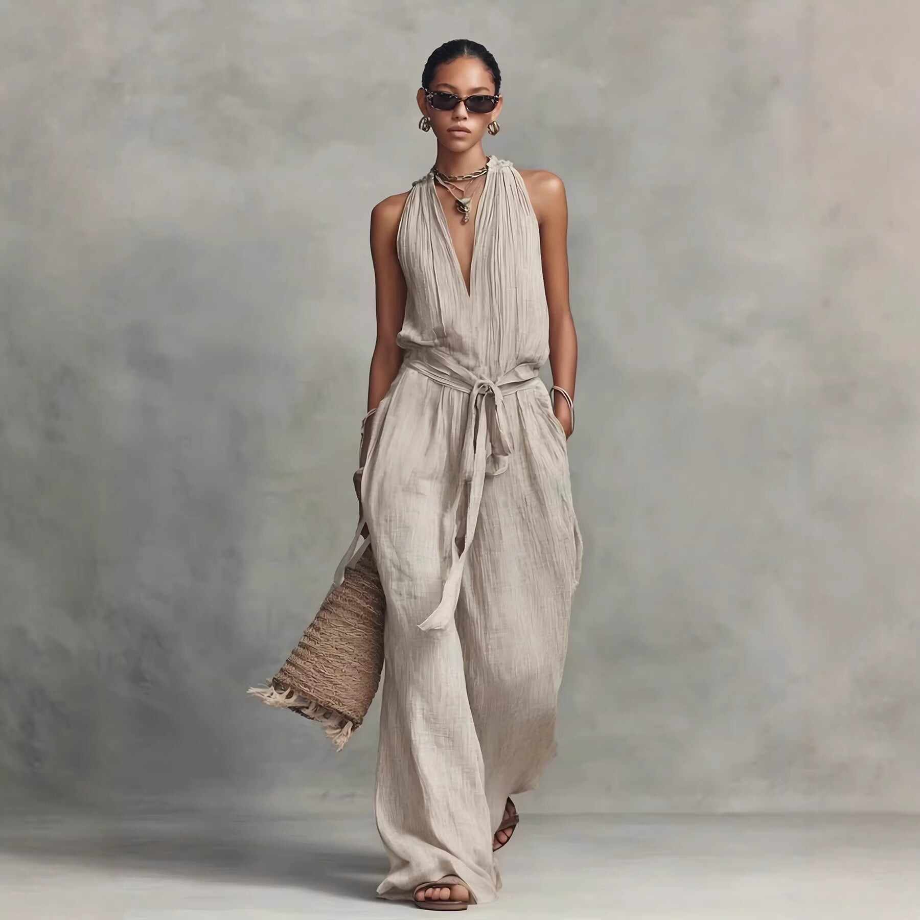 Casual Lace-Up Sleeveless Cotton Blend Jumpsuit