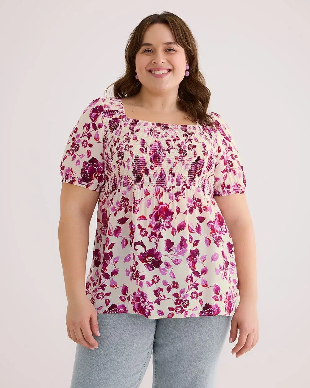 Square-Neck Smocking Blouse