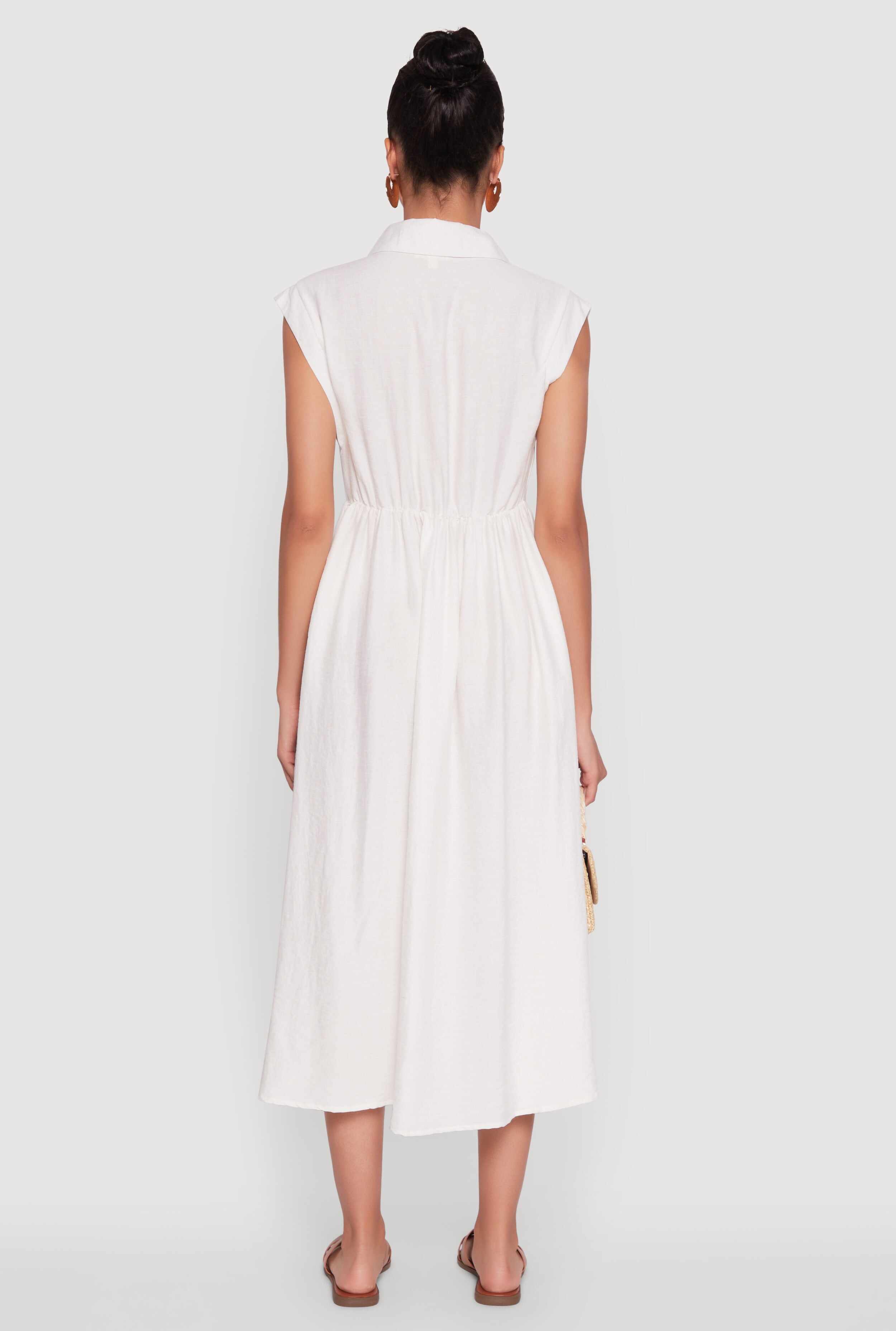 Linen Mid Length Shirt Dress with Cap Sleeves