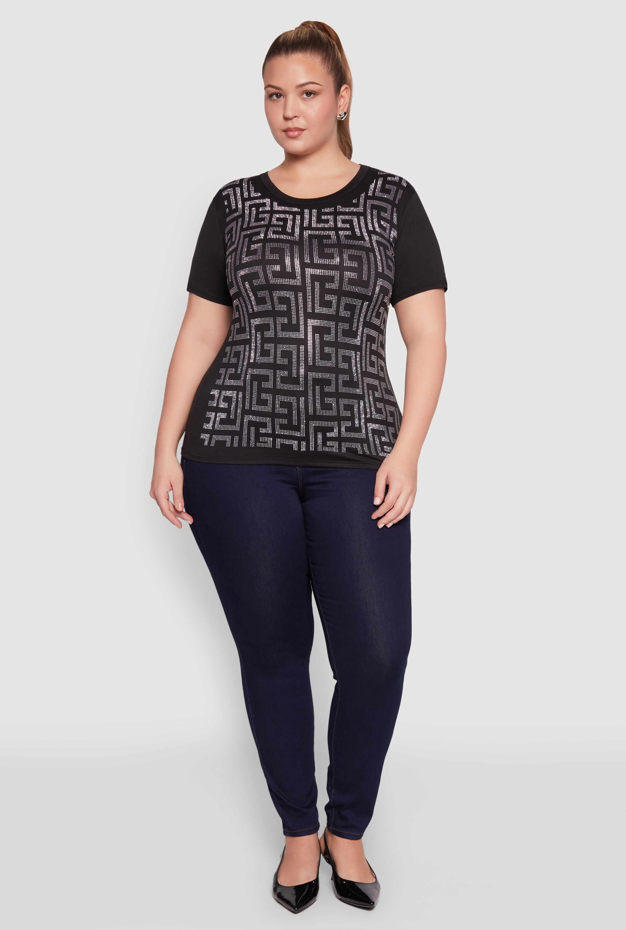 Plus Size Soft Knit Greek Key Rhinestone T Shirt