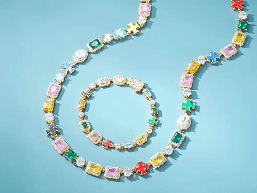 10mm S925 Moissanite Enamel Cross Colorful Gemstone Tennis Chain
