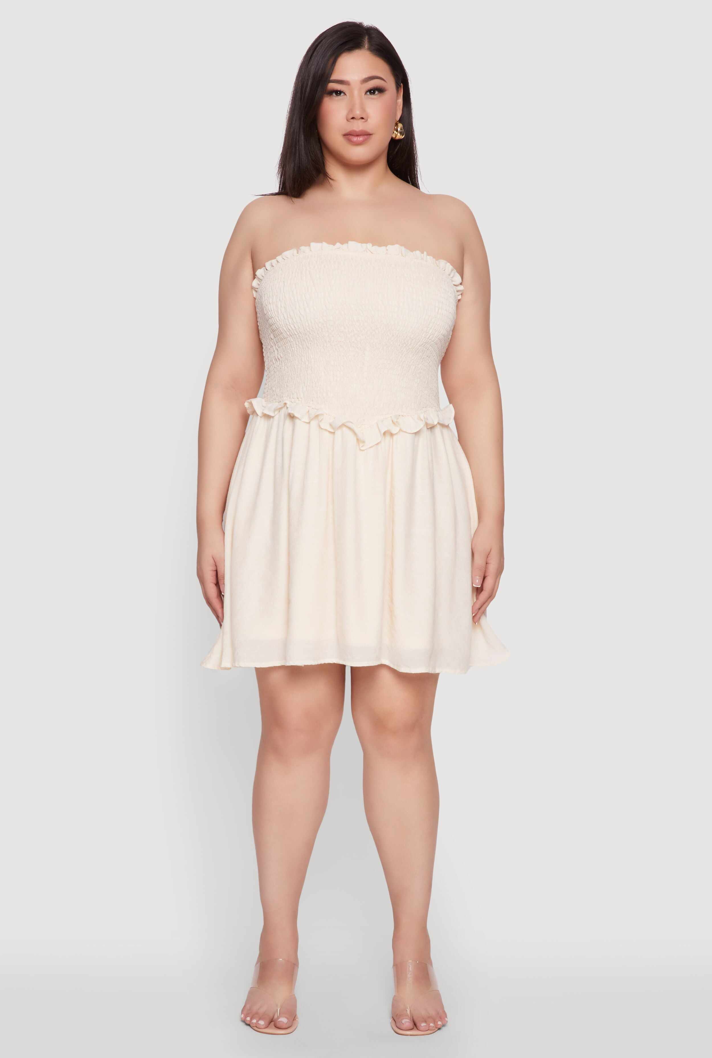 Plus Size Gauze Knit Smocked Mini Dress