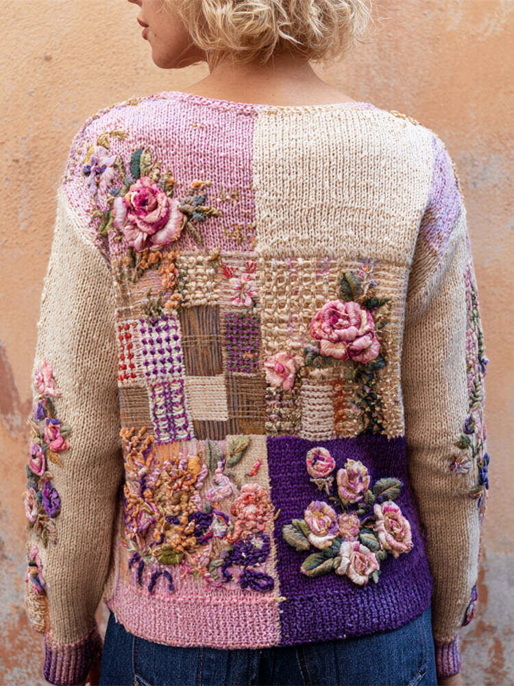 Boho Knit Floral Patchwork Art Women's V-neck Sweater